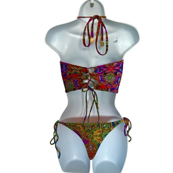 LULI FAMA Colorful Bikini Set Deep V-Neckline Bottom Low-Rise Fit Size L. - Picture 7 of 10